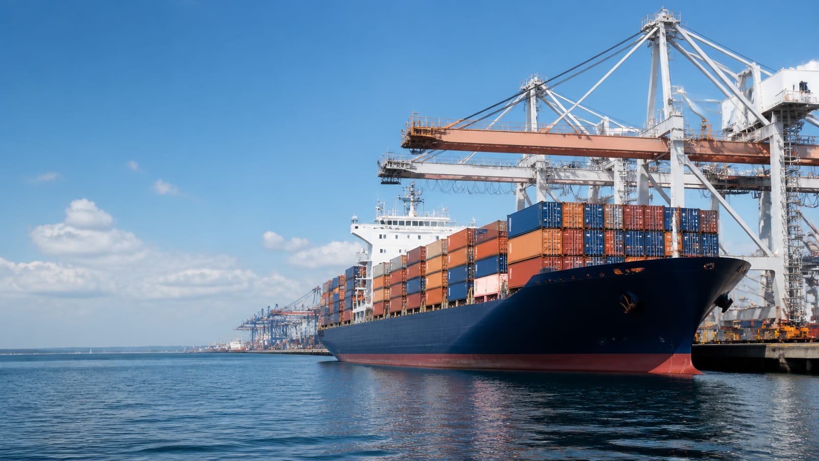 Container ship and ship-to-shore cranes at a port